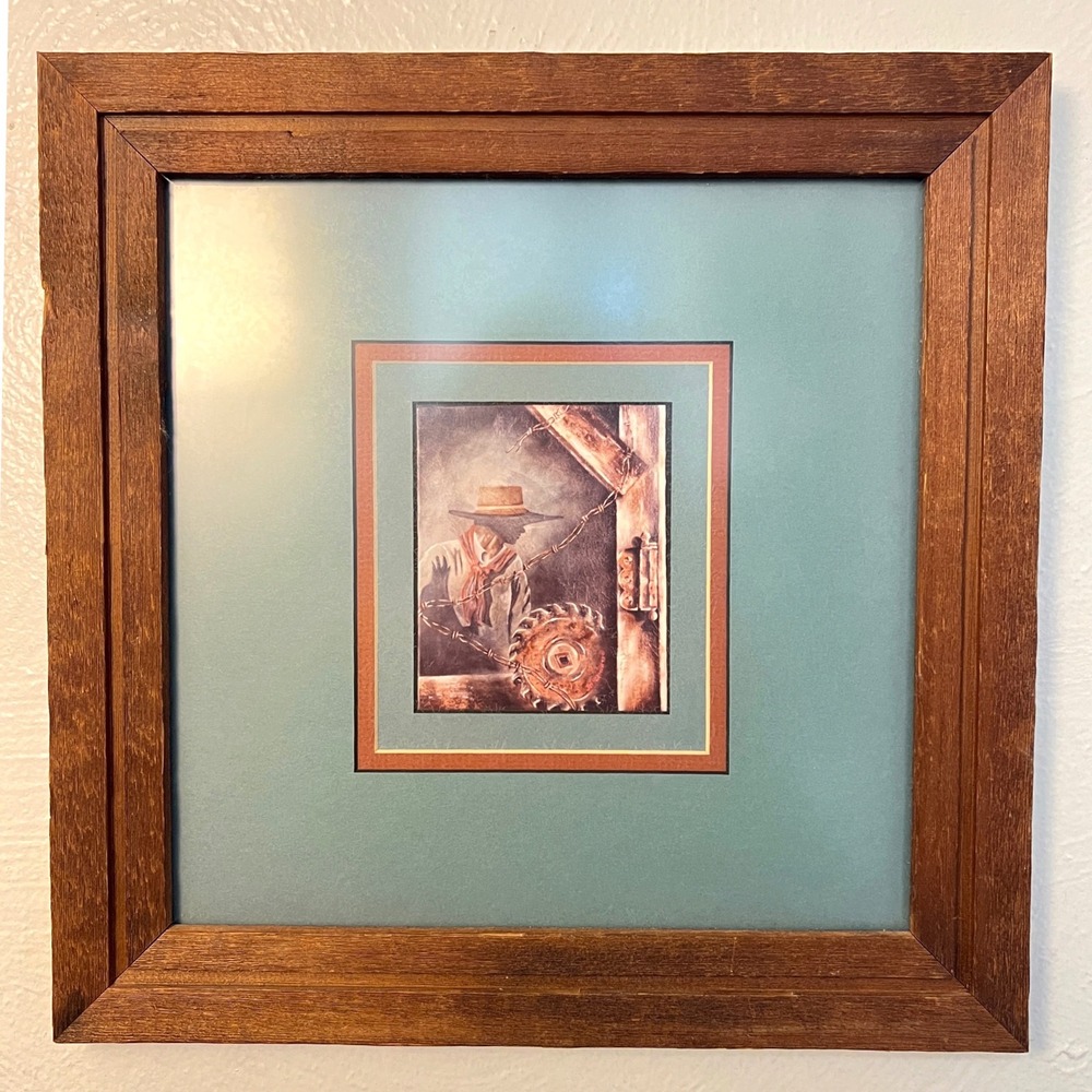 Vintage Western Cowboy Framed Art Print Rustic Wood Frame 1994‎ Americana Decor